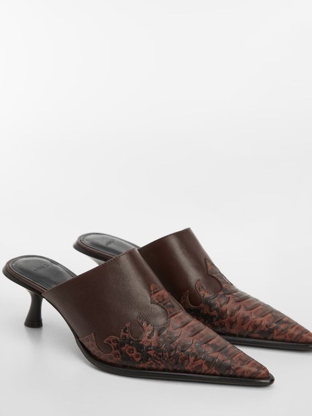 Mango Dark Brown crocodile Pointed Leather Mules with Embossed Detail